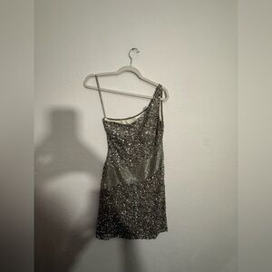 SCALA One Shoulder SILK Sequin Beaded Cocktail Party DRESS y2k